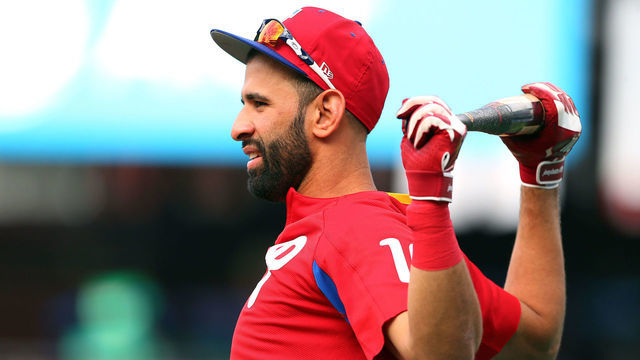PHILADELPHIA, PA - SEPTEMBER 15: Jose Bautista #19 of the Philadelphia Phillies warms up before a game against the Miami Marlins at Citizens Bank Park on September 15, 2018 in Philadelphia, Pennsylvania.
