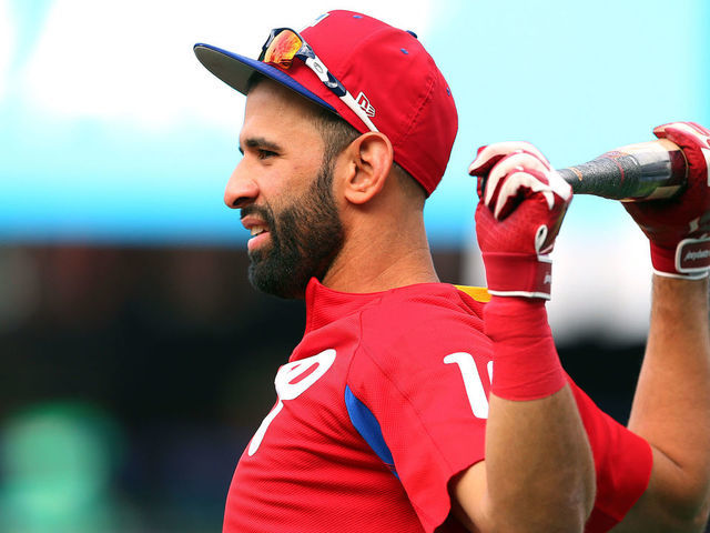 PHILADELPHIA, PA - SEPTEMBER 15: Jose Bautista #19 of the Philadelphia Phillies warms up before a game against the Miami Marlins at Citizens Bank Park on September 15, 2018 in Philadelphia, Pennsylvania.