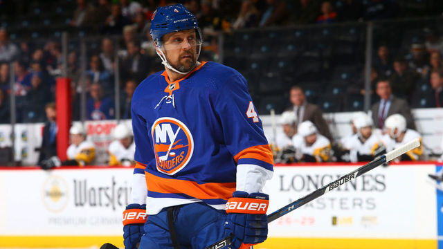 NEW YORK, NY - MARCH 20: Dennis Seidenberg #4 of the New York Islanders skates against the Pittsburgh Penguins at Barclays Center on March 20, 2018 in New York City. New York Islanders defeated the Pittsburgh Penguins 4-1