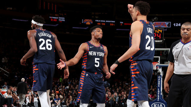 NEW YORK, NY - FEBRUARY 24: Dennis Smith Jr. #5 of the New York Knicks hi-fives teammates during the game against the San Antonio Spurs on February 24, 2019 at Madison Square Garden in New York City, New York. Mandatory Copyright Notice: Copyright 2019 NBAE