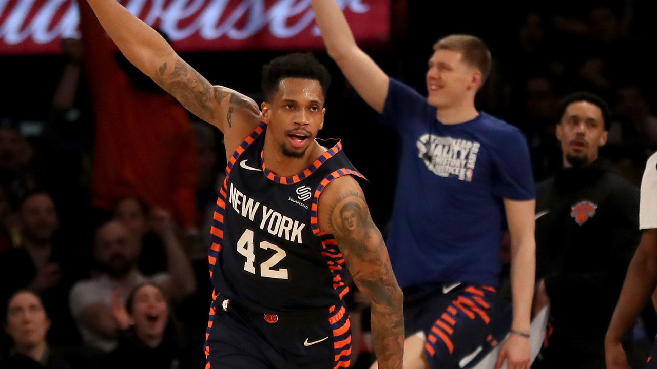 NEW YORK, NEW YORK - FEBRUARY 24: Lance Thomas #42 of the New York Knicks celebrates his three point shot in the fourth quarter against the San Antonio Spurs at Madison Square Garden on February 24, 2019 in New York City.The New York Knicks defeated the San Antonio Spurs 130-118.