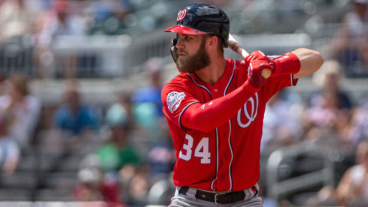 ATLANTA, GA - SEPTEMBER 15: Bryce Harper #34 of the Washington Nationals waits for the pitch from the Atlanta Braves at SunTrust Park on September 15, 2018 in Atlanta, Georgia.