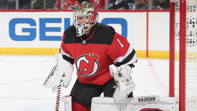 NEWARK, NJ - FEBRUARY 19: Keith Kinkaid #1 of the New Jersey Devils defends his net against the Pittsburgh Penguins during the game at Prudential Center on February 19, 2019 in Newark, New Jersey.