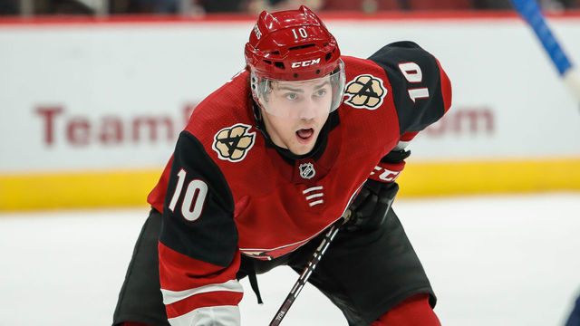 GLENDALE, AZ - FEBRUARY 14: Arizona Coyotes center Jordan Weal (10) looks on during the NHL hockey game between the St. Louis Blues and the Arizona Coyotes on February 14, 2019 at Gila River Arena in Tempe, Arizona.