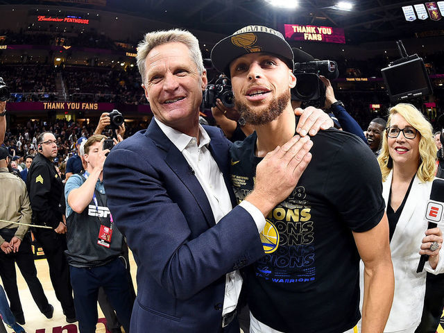 CLEVELAND, OH - JUNE 8: Head Coach Steve Kerr and Stephen Curry #30 of the Golden State Warriors celebrate after Game Four of the 2018 NBA Finals against the Cleveland Cavaliers on June 8, 2018 at Quicken Loans Arena in Cleveland, Ohio. Mandatory Copyright Notice: Copyright 2018 NBAE