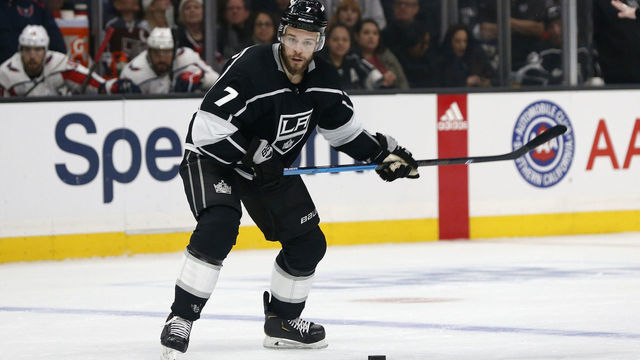 LOS ANGELES, CA - FEBRUARY 18: Los Angeles Kings defenceman Oscar Fantenberg (7) attempts a shot on goal during the game against the Washington Capitals on February 18, 2019, at Staples Center in Los Angeles, CA.