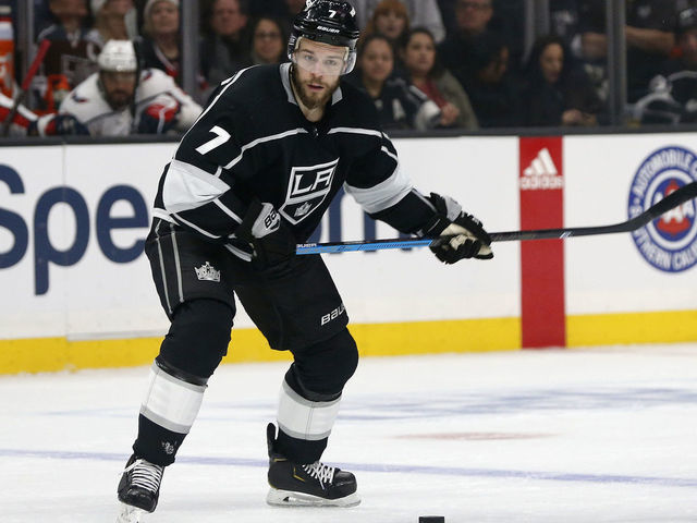LOS ANGELES, CA - FEBRUARY 18: Los Angeles Kings defenceman Oscar Fantenberg (7) attempts a shot on goal during the game against the Washington Capitals on February 18, 2019, at Staples Center in Los Angeles, CA.