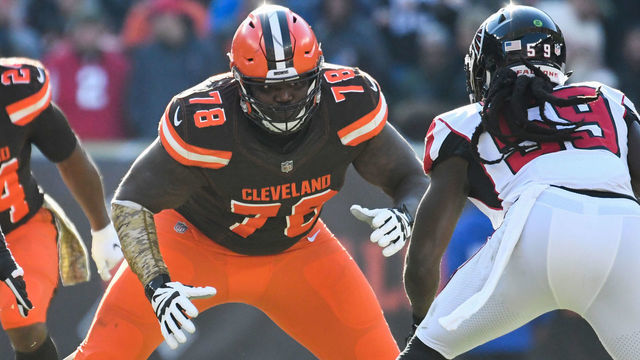 CLEVELAND, OH - NOVEMBER 11, 2018: Offensive tackle Greg Robinson #78 of the Cleveland Browns prepares to engage defensive end Takkarist McKinley #98 of the Atlanta Falcons in the second quarter of a game on November 11, 2018 at FirstEnergy Stadium in Cleveland, Ohio. Cleveland won 28-16. (Photo by: 2018 Nick Cammett/Diamond Images/Getty Images)