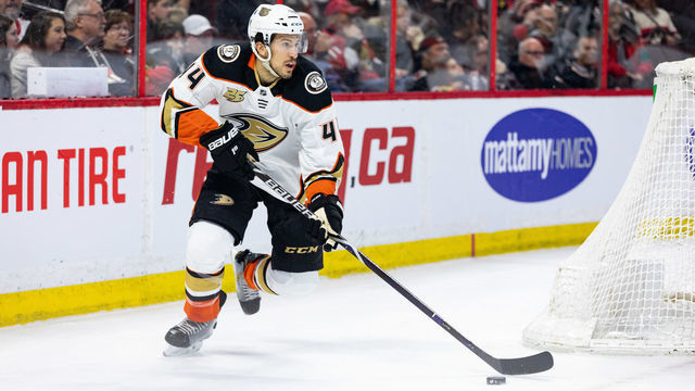 OTTAWA, ON - FEBRUARY 07: Anaheim Ducks Defenceman Michael Del Zotto (44) skates the puck out from behind the net during second period National Hockey League action between the Anaheim Ducks and Ottawa Senators on February 7, 2019, at Canadian Tire Centre in Ottawa, ON, Canada.