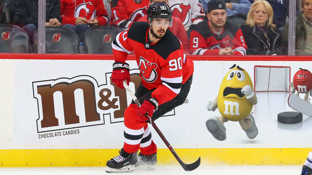NEWARK, NJ - FEBRUARY 17: New Jersey Devils left wing Marcus Johansson (90) skates during the second period of the National Hockey League game between the New Jersey Devils and the Buffalo Sabres on February 17, 2019 at the Prudential Center in Newark, NJ.