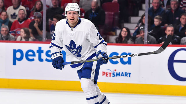 MONTREAL, QC - FEBRUARY 09: Par Lindholm #26 of the Toronto Maple Leafs skates against the Montreal Canadiens during the NHL game at the Bell Centre on February 9, 2019 in Montreal, Quebec, Canada. The Toronto Maple Leafs defeated the Montreal Canadiens 4-3 in overtime.