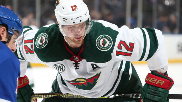 NEW YORK, NY - FEBRUARY 21: Eric Staal #12 of the Minnesota Wild looks on during a face-off against the New York Rangers at Madison Square Garden on February 21, 2019 in New York City.
