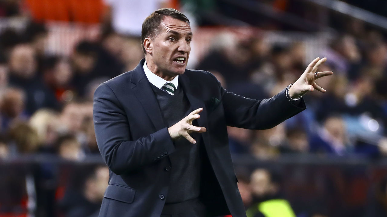 Brendan Rodgers Celtic FC manager during round of 32 Second leg of UEFA Europa league match between Valencia CF vs Celtic at Mestalla Stadium on February 21, 2019.