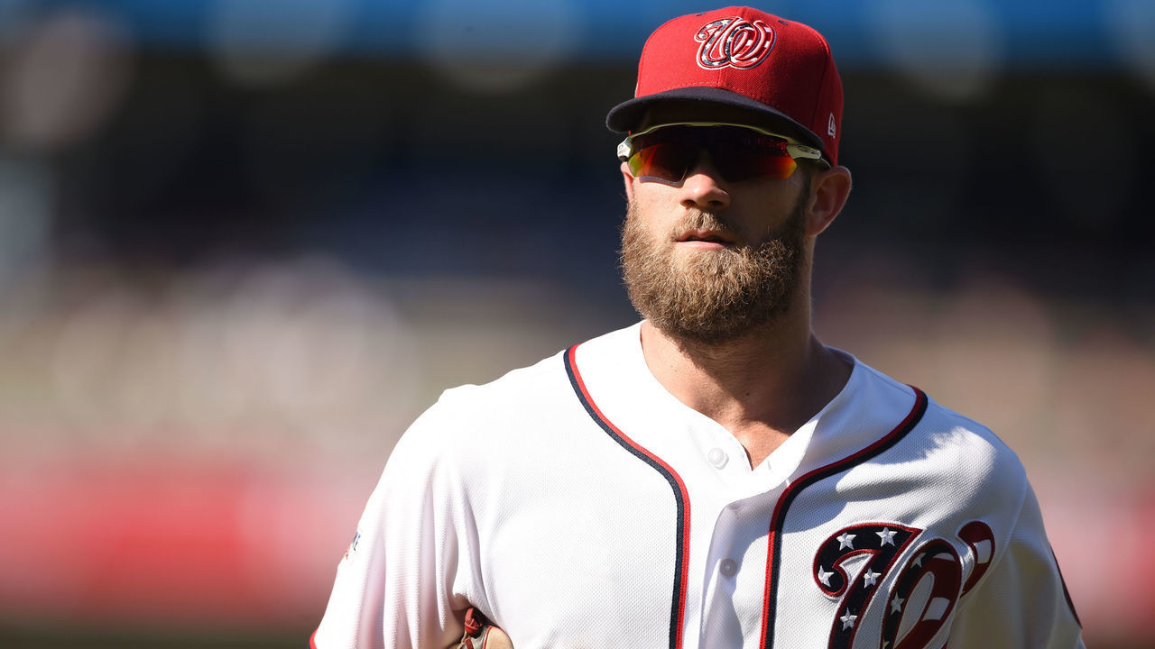 WASHINGTON, DC - SEPTEMBER 03: Bryce Harper #34 of the Washington Nationals runs back to the dug out during a baseball game against the St. Louis Cardinals at Nationals Park on September 3, 2018 in Washington, DC.
