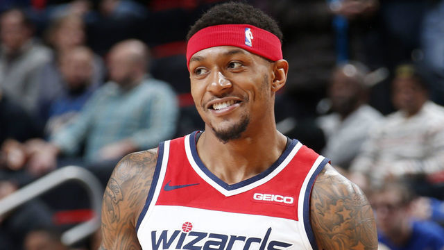 DETROIT, MI - FEBRUARY 11: Bradley Beal #3 of the Washington Wizards looks on during the game against the Detroit Pistons on February 11, 2019 at Little Caesars Arena in Detroit, Michigan. NOTE TO USER: User expressly acknowledges and agrees that, by downloading and/or using this photograph, User is consenting to the terms and conditions of the Getty Images License Agreement. Mandatory Copyright Notice: Copyright 2019 NBAE