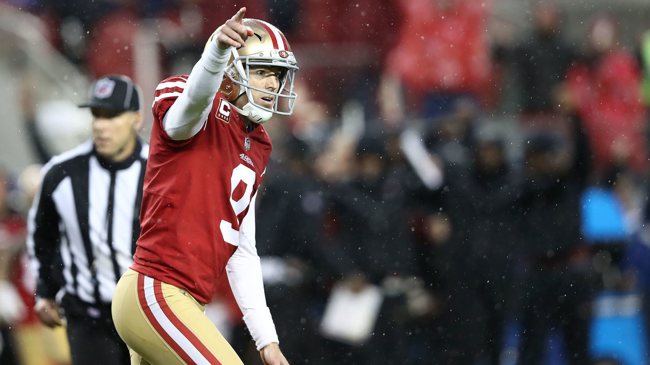 SANTA CLARA, CA - DECEMBER 16: Robbie Gould #9 of the San Francisco 49ers celebrates after kicking the game winning field goal in overtime against the Seattle Seahawks during their NFL game at Levi's Stadium on December 16, 2018 in Santa Clara, California.
