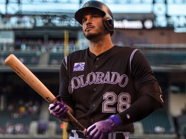 DENVER, CO - AUGUST 22: Nolan Arenado #28 of the Colorado Rockies prepares to bat against the San Diego Padres in the first inning of a game at Coors Field on August 22, 2018 in Denver, Colorado.