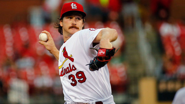 ST. LOUIS, MO - AUGUST 29: Miles Mikolas #39 of the St. Louis Cardinals pitches against the Pittsburgh Pirates in the first inning at Busch Stadium on August 29, 2018 in St. Louis, Missouri.