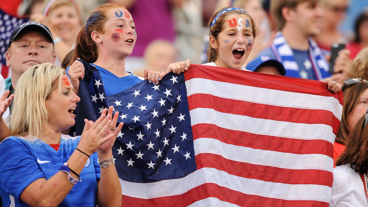 August 19, 2015: Fans celebrate as the US Women's Soccer team takes te field during a match between USA and Costa Rica at Finley Stadium in Chattanooga, TN