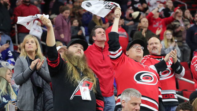 RALEIGH, NC - NOVEMBER 21: Some Carolina Hurricanes fans during the 3rd period of the Carolina Hurricanes game versus the Toronto Maple Leafs on November 21st, 2018 at PNC Arena in Raleigh, NC.