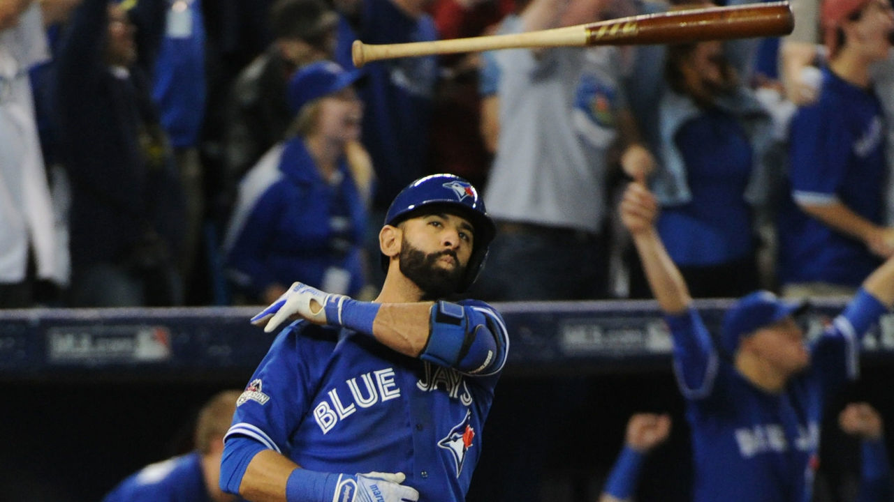 October 14, 2015: Toronto Blue Jays Right field Jose Bautista (19) [4530] homers and flips his bat in the air in the 7th inning during the Toronto Blue Jays 6-3 victory over the Texas Rangers in Game 5 of the ALDS at Rogers Centre in Toronto, ON. (Photo Gerry Angus/Icon Sportswire)