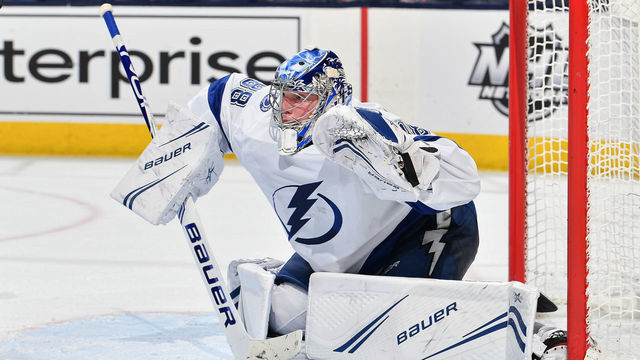 COLUMBUS, OH - FEBRUARY 18: Goaltender Andrei Vasilevskiy #88 of the Tampa Bay Lightning defends the net against the Columbus Blue Jackets on February 18, 2019 at Nationwide Arena in Columbus, Ohio.