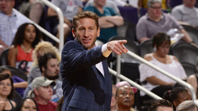 PHOENIX, AZ - JULY 5: Assistsant Coach Todd Troxel of the Phoenix Mercury coaches during the game against the Connecticut Sun on July 5, 2018 at Talking Stick Resort Arena in Phoenix, Arizona. Mandatory Copyright Notice: Copyright 2018 NBAE