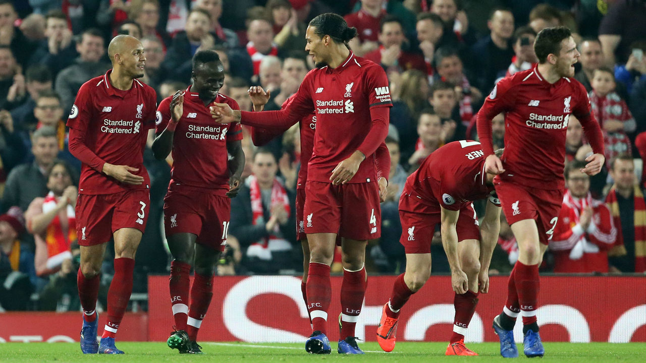 Liverpool's Sadio Mane celebrates scoring his side's first goal of the game during the Premier League match at Anfield, Liverpool.