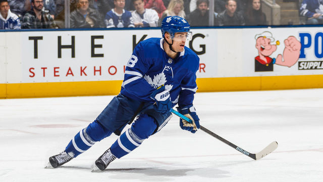 TORONTO, ON - FEBRUARY 25: Andreas Johnsson #18 of the Toronto Maple Leafs skates against the Buffalo Sabres during the first period at the Scotiabank Arena on February 25, 2019 in Toronto, Ontario, Canada.
