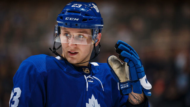 TORONTO, ON - FEBRUARY 21: Travis Dermott #23 of the Toronto Maple Leafs looks on against the Washington Capitals during the second period at the Scotiabank Arena on February 21, 2019 in Toronto, Ontario, Canada.