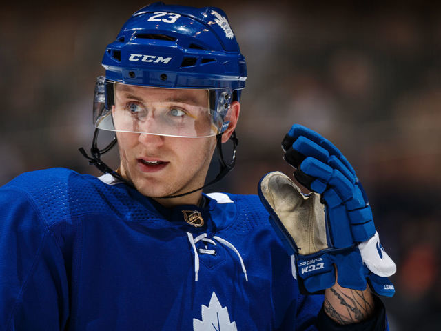 TORONTO, ON - FEBRUARY 21: Travis Dermott #23 of the Toronto Maple Leafs looks on against the Washington Capitals during the second period at the Scotiabank Arena on February 21, 2019 in Toronto, Ontario, Canada.