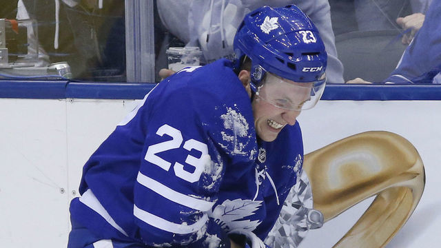 TORONTO, ON - FEBRUARY 27: Toronto Maple Leafs defenseman Travis Dermott (23) comes up in pain and leaves the ice immediately. Toronto Maple Leafs VS Edmonton Oilers during 3rd period action in NHL regular season play at Scotiabank Arena. Leafs win 6-2. Toronto Star/Rick Madonik (Rick Madonik/Toronto Star via Getty Images)