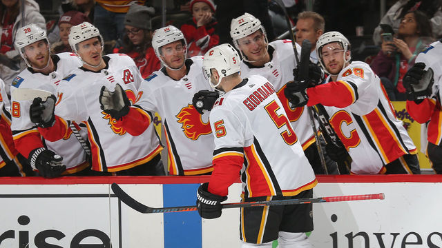 NEWARK, NJ - FEBRUARY 27: Mark Giordano #5 of the Calgary Flames celebrates his second period goal during the game against the New Jersey Devils at Prudential Center on February 27, 2019 in Newark, New Jersey.