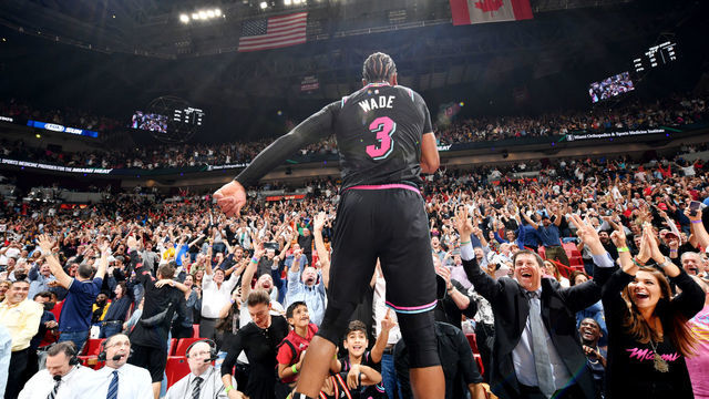 MIAMI, FL - FEBRUARY 27: Dwyane Wade #3 of the Miami Heat reacts after hitting the game winning 3 point basket against the Golden State Warriors on February 27, 2019 at American Airlines Arena in Miami, Florida. Mandatory Copyright Notice: Copyright 2019 NBAE