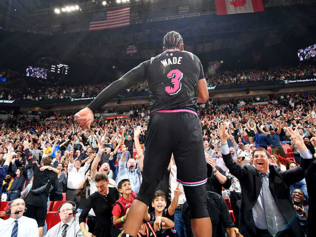 MIAMI, FL - FEBRUARY 27: Dwyane Wade #3 of the Miami Heat reacts after hitting the game winning 3 point basket against the Golden State Warriors on February 27, 2019 at American Airlines Arena in Miami, Florida. Mandatory Copyright Notice: Copyright 2019 NBAE
