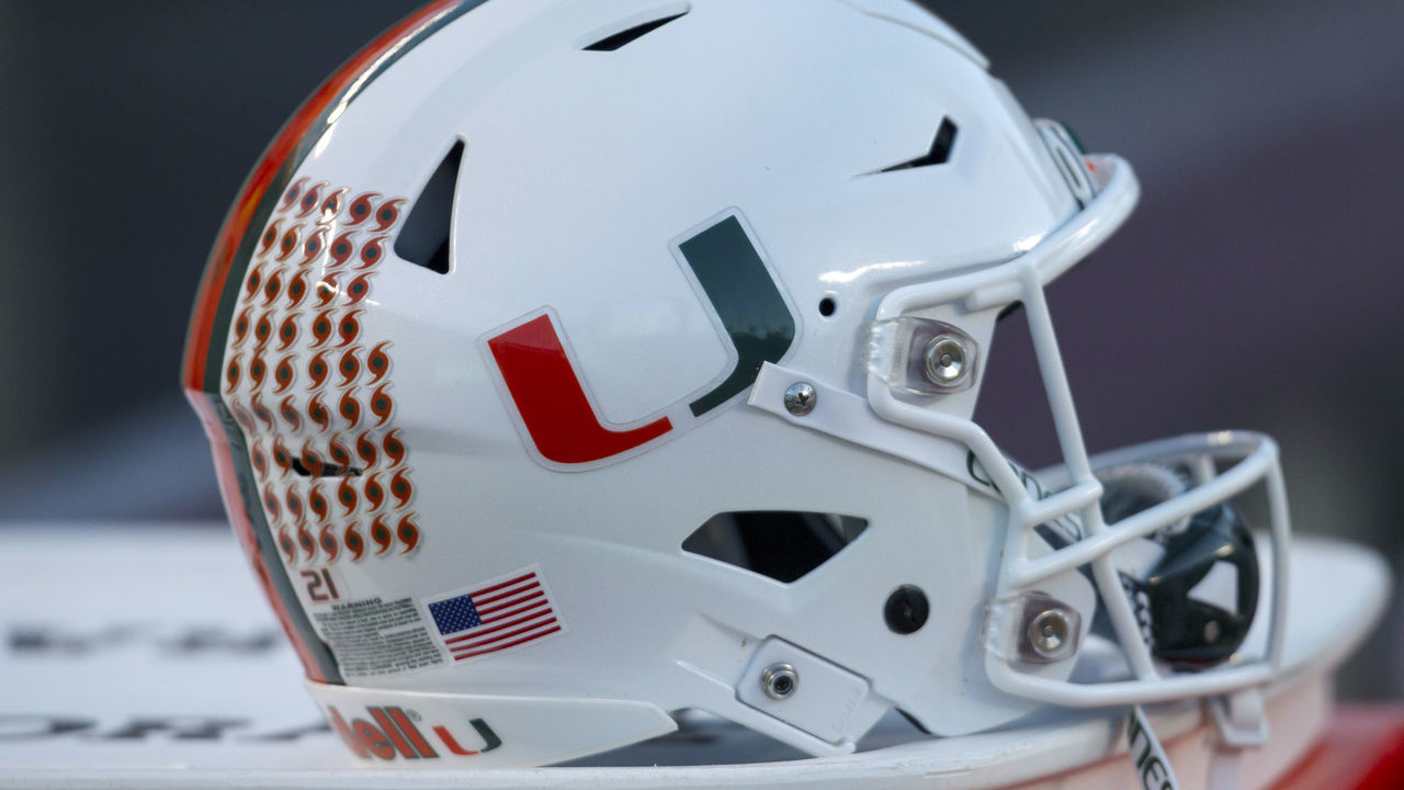 BLACKSBURG, VA NOVEMBER 17: Miami helmet resting on the sidelines during a game between the Miami Hurricanes and the Virginia Tech Hokies on November 17, 2018, at Lane Stadium in Blacksburg, VA.