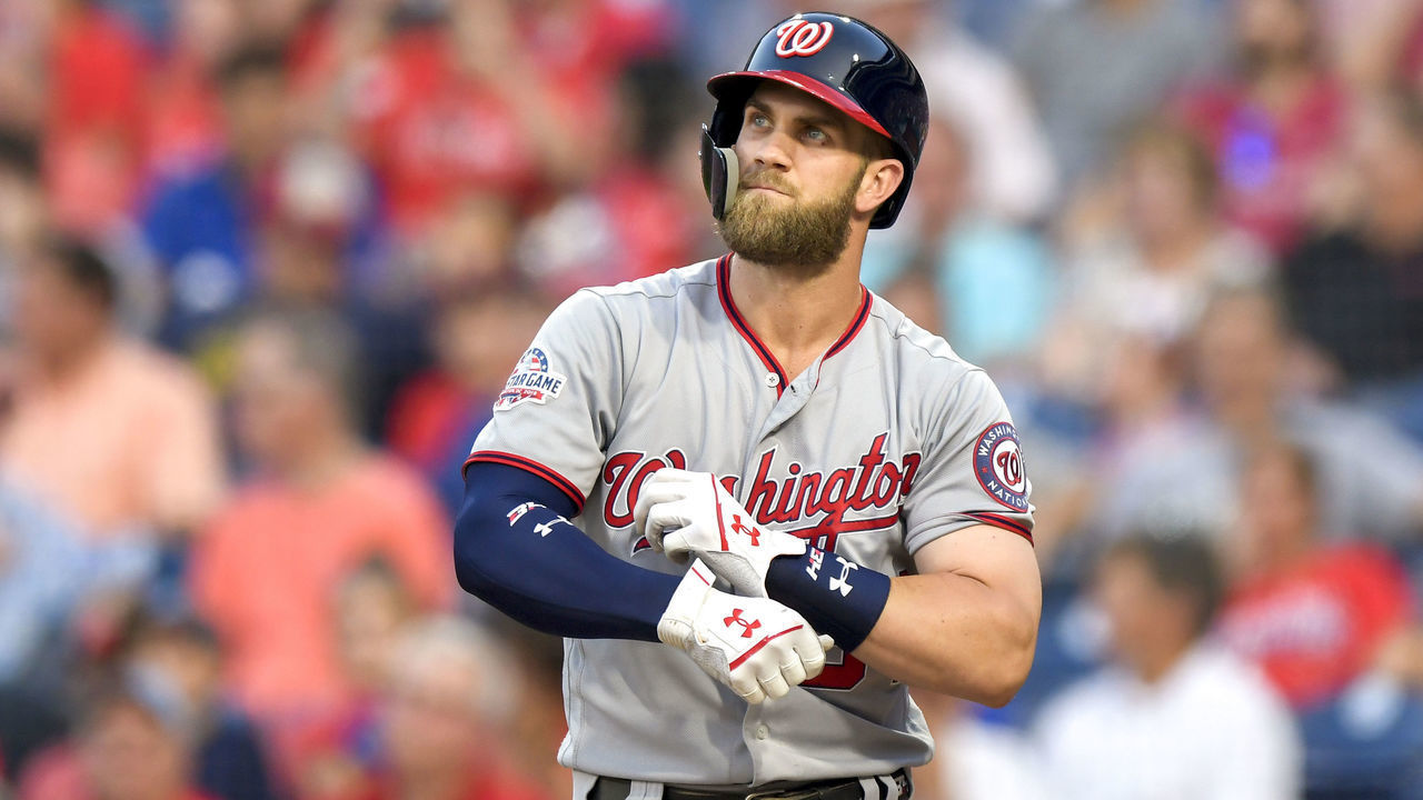 PHILADELPHIA, PA - AUGUST 28: Washington Nationals right fielder Bryce Harper (34) adjusts his gloves at the plate during the MLB game between the Washington Nationals and the Philadelphia Phillies on August 28, 2018 at Citizens Bank Park in Philadelphia PA.