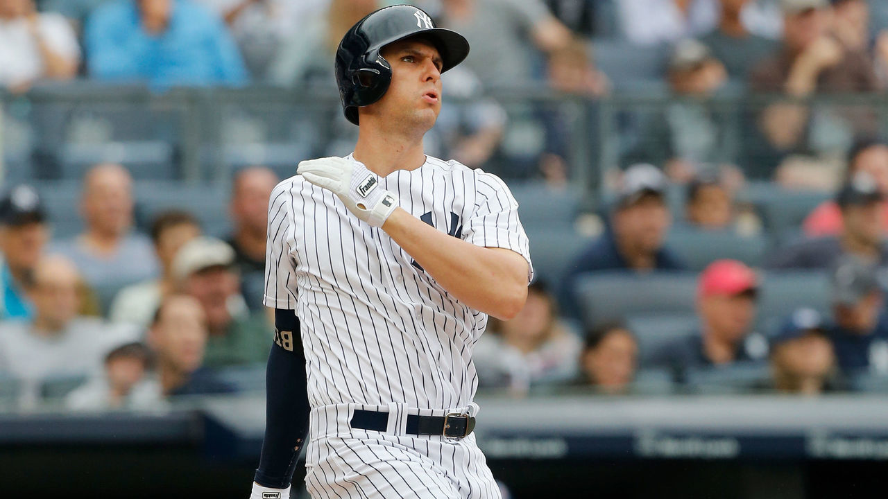 NEW YORK, NY - AUGUST 19: Greg Bird #33 of the New York Yankees follows through on a first inning grand slam home run against the Toronto Blue Jays at Yankee Stadium on August 19, 2018 in the Bronx borough of New York City. The Yankees defeated the Blue Jays 10-2.