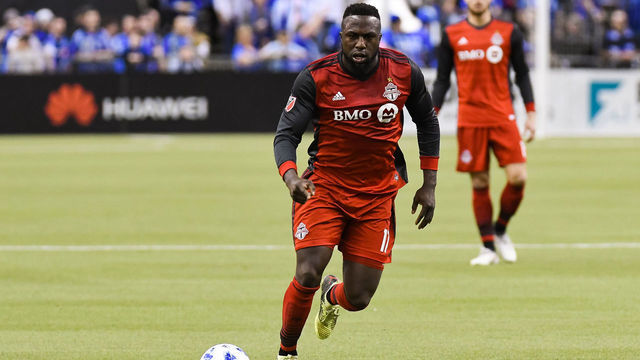 MONTREAL, QC - MARCH 17: Toronto FC forward Jozy Altidore (17) runs with the ball during the Toronto FC versus the Montreal Impact game on March 17, 2018, at Olympic Stadium in Montreal, QC