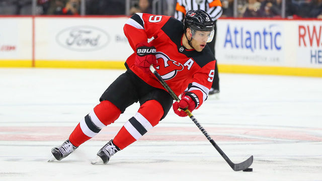 NEWARK, NJ - DECEMBER 03: New Jersey Devils left wing Taylor Hall (9) during the National Hockey League game between the New Jersey Devils and the Tampa Bay Lightning on December 3, 2018 at the Prudential Center in Newark, NJ.