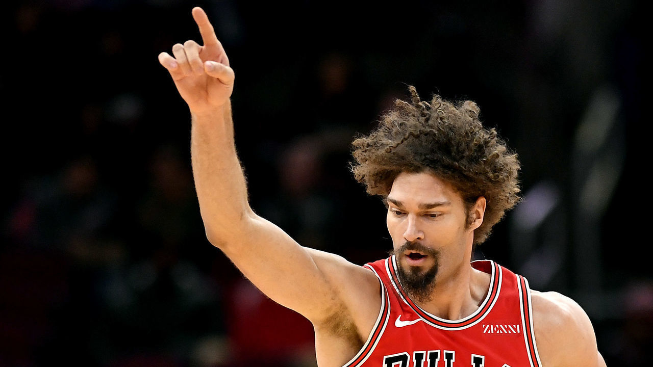 CHICAGO, ILLINOIS - FEBRUARY 06: Robin Lopez #42 of the Chicago Bulls reacts after scoring against the New Orleans Pelicans at United Center on February 06, 2019 in Chicago, Illinois.
