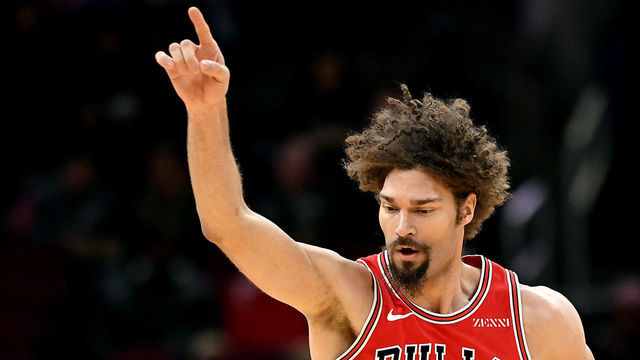 CHICAGO, ILLINOIS - FEBRUARY 06: Robin Lopez #42 of the Chicago Bulls reacts after scoring against the New Orleans Pelicans at United Center on February 06, 2019 in Chicago, Illinois.