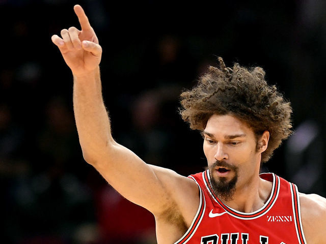 CHICAGO, ILLINOIS - FEBRUARY 06: Robin Lopez #42 of the Chicago Bulls reacts after scoring against the New Orleans Pelicans at United Center on February 06, 2019 in Chicago, Illinois.