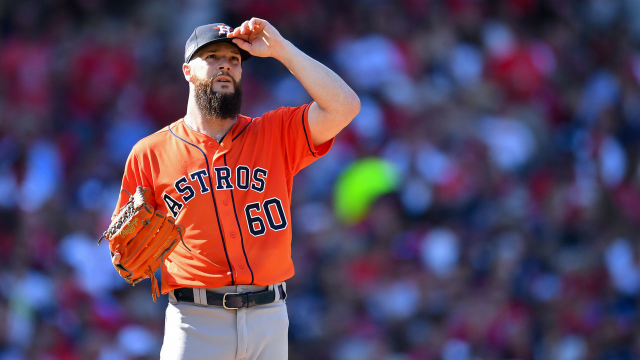 CLEVELAND, OH - OCTOBER 8: Dallas Keuchel #60 of the Houston Astros looks on during Game 3 of the ALDS against the Cleveland Indians at Progressive Field on Monday, October 8, 2018 in Cleveland, Ohio.