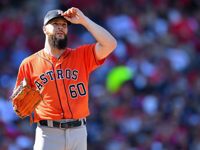 CLEVELAND, OH - OCTOBER 8: Dallas Keuchel #60 of the Houston Astros looks on during Game 3 of the ALDS against the Cleveland Indians at Progressive Field on Monday, October 8, 2018 in Cleveland, Ohio.