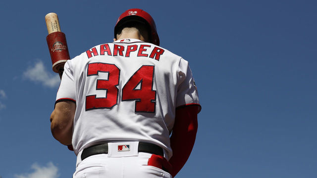 WASHINGTON, DC - AUGUST 23: Bryce Harper #34 of the Washington Nationals stands on deck in the third inning against the Philadelphia Phillies at Nationals Park on August 23, 2018 in Washington, DC.