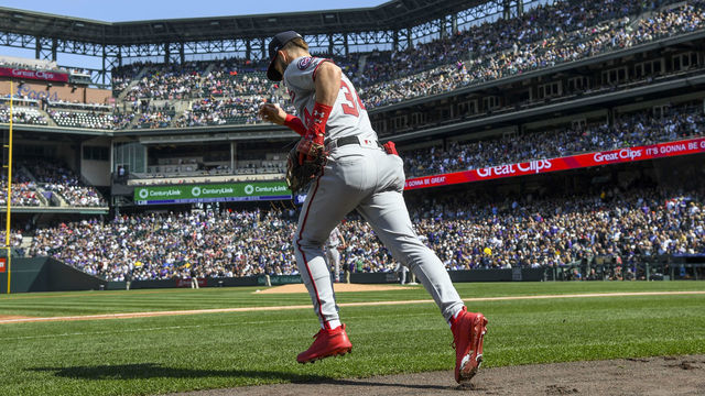DENVER, CO - SEPTEMBER 30: Washington Nationals right fielder Bryce Harper (34) runs to his position during the final regular season game of the 2018 season against the Colorado Rockies at Coors Field.