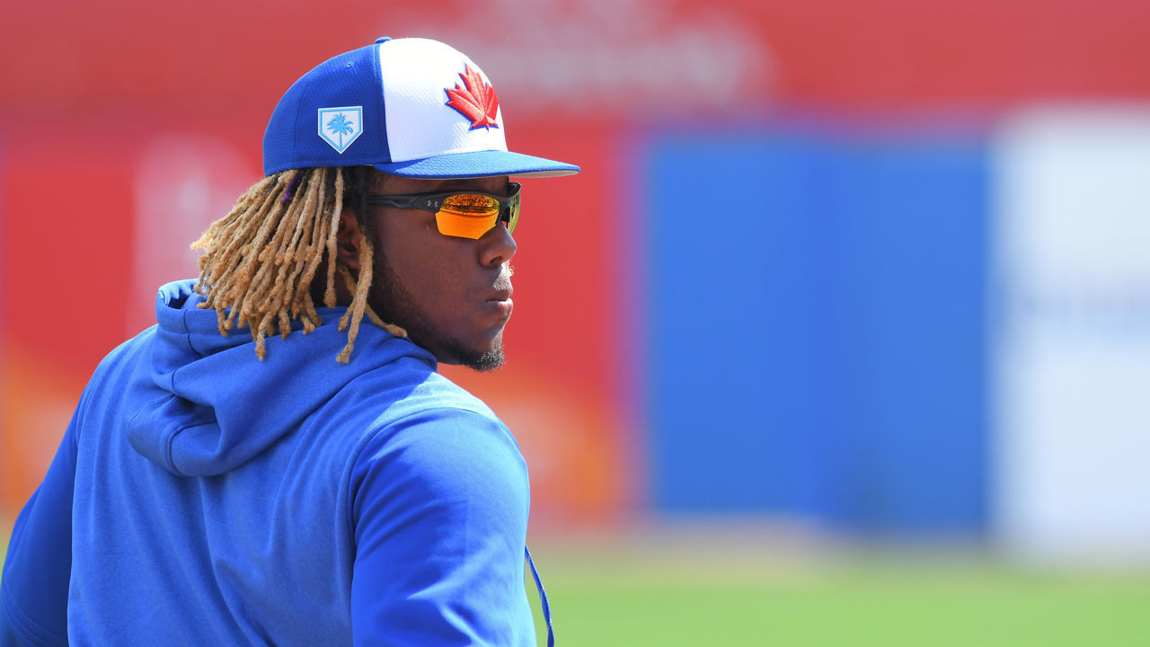 DUNEDIN, FL - FEBRUARY 23: Vladimir Guerrero Jr. #27 of the Toronto Blue Jays looks on during the Spring Training game against the Detroit Tigers at Dunedin Stadium on February 23, 2019 in Dunedin, Florida. The Tigers defeated the Blue Jays 4-0.