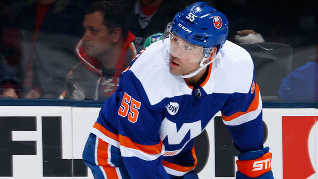 UNIONDALE, NY - FEBRUARY 26: Johnny Boychuk #55 of the New York Islanders skates against the Calgary Flames at NYCB Live's Nassau Coliseum on February 26, 2019 in Uniondale, New York. Calgary Flames defeated the New York Islanders 3-1.