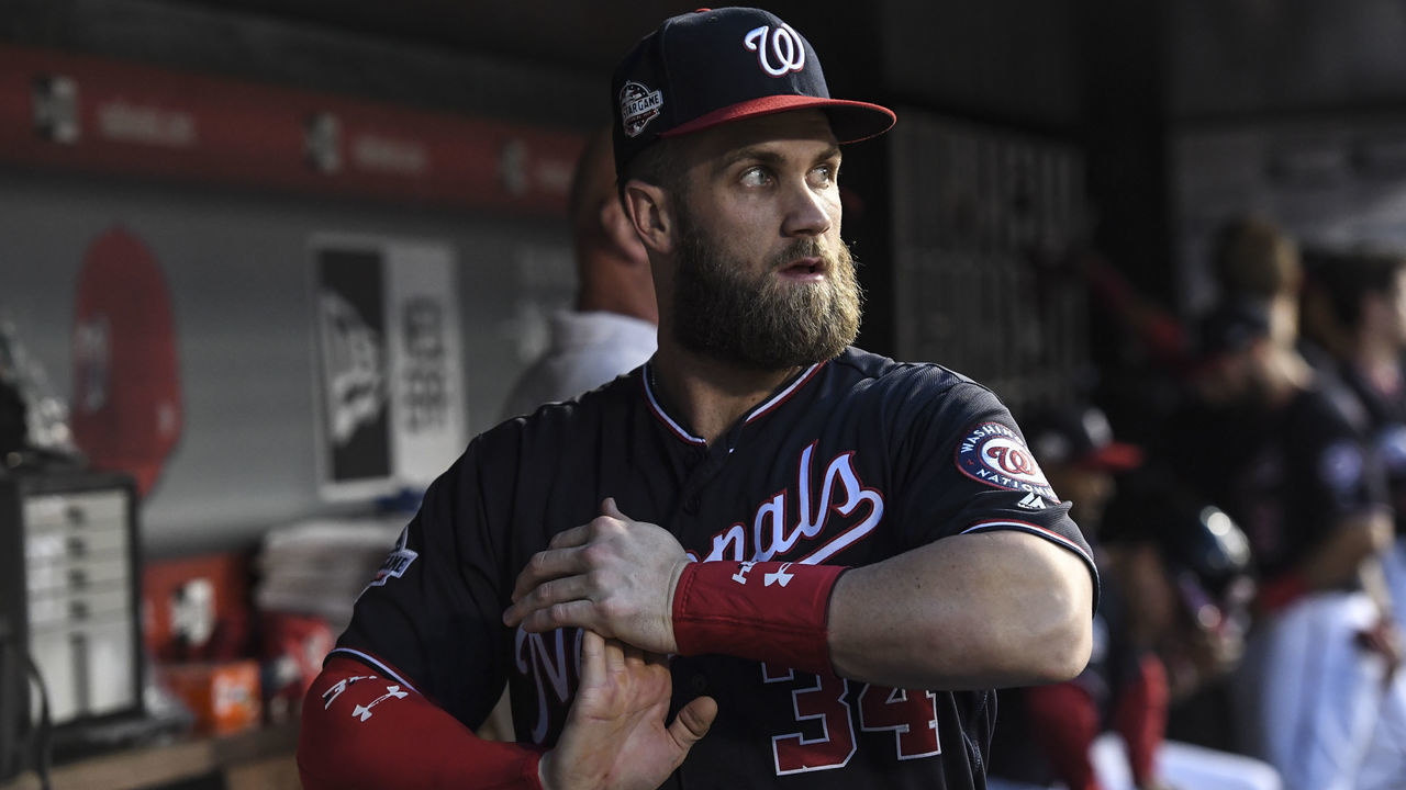 WASHINGTON, DC - SEPTEMBER 25: Washington Nationals right fielder Bryce Harper (34) stretches his wrist out before the game between the Washington Nationals and the Miami Marlins at Nationals Park on Tuesday, September 25, 2018.